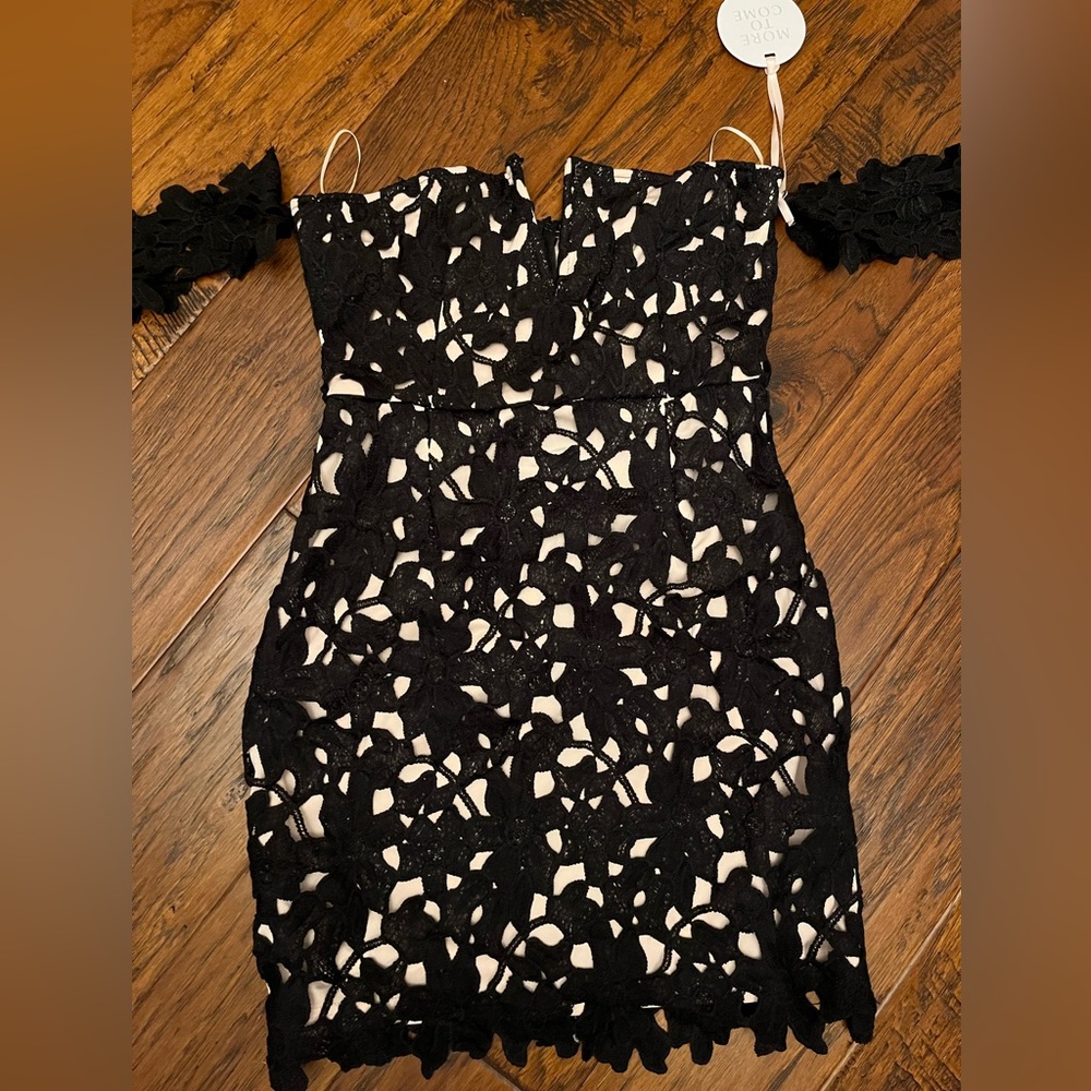 Black and Cream lace fitted semi formal dress